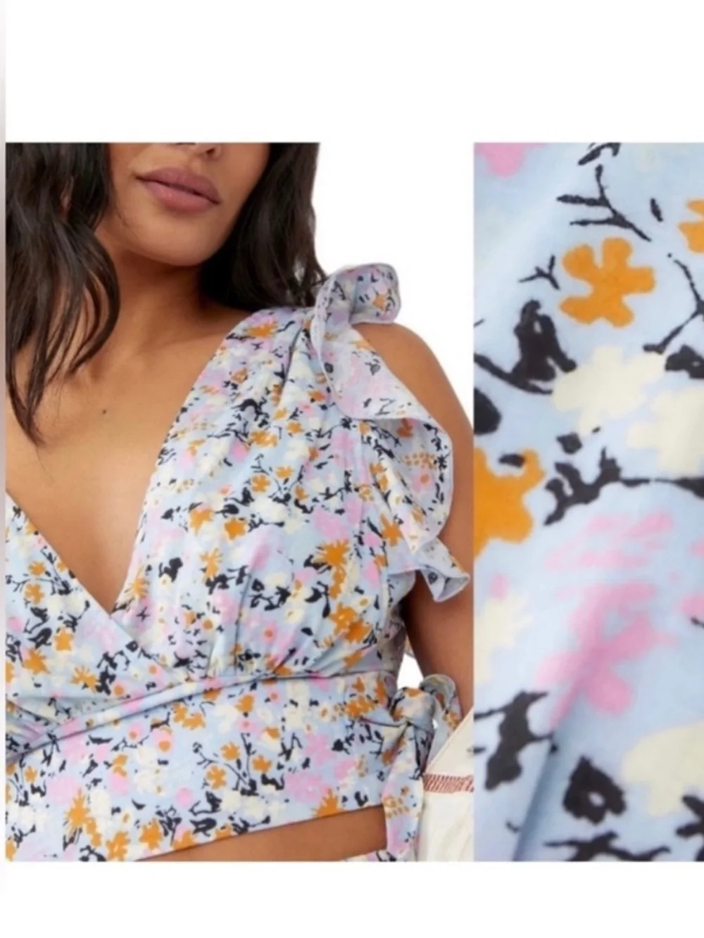 🌸 Free People For Anthropologie Floral Tie-Shoulder v neck Top Large 10 12